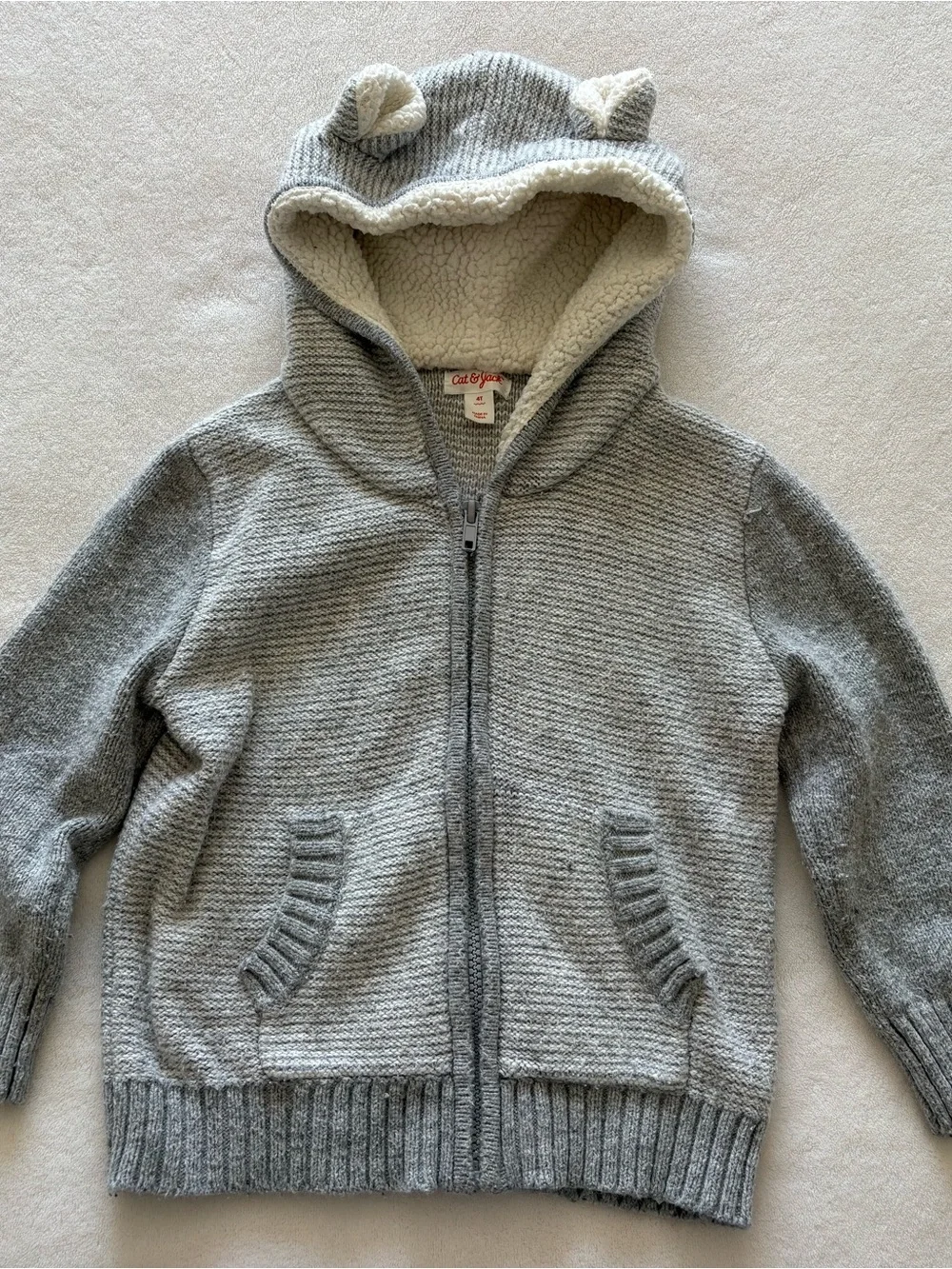 Cat & Jack Grey Sherpa-Lined Hooded Zip Sweater with Ear Detail